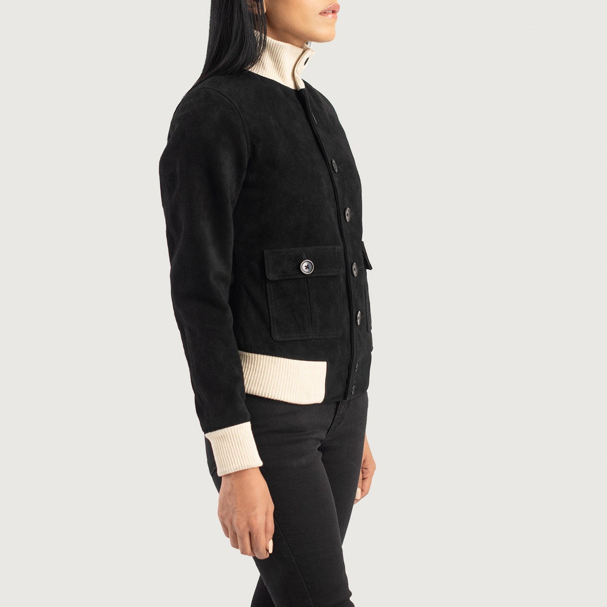 
Black Goatskin Suede Bomber Jacket - Πίσω όψη με εφαρμογή στους ώμους & καθαρό στρίφωμα