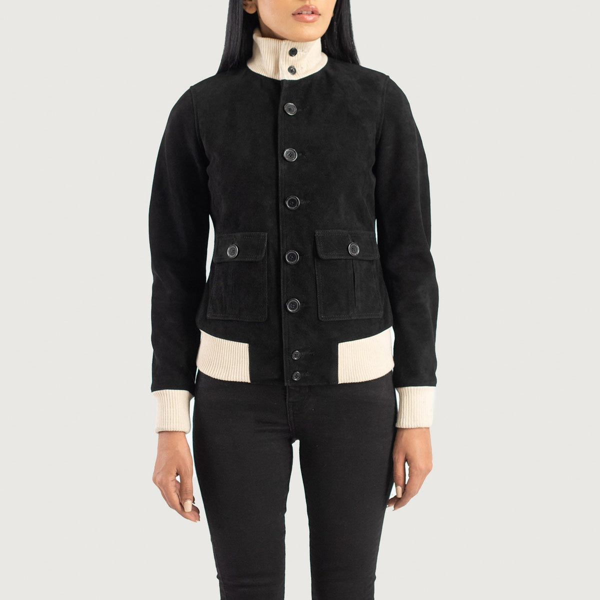 
Κοντινό πλάνο λεπτομέρειας of Knit Rib & Buttons Hardware on Sasha A1 Black Suede Bomber Jacket