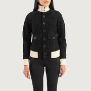 
Κοντινό πλάνο λεπτομέρειας of Knit Rib & Buttons Hardware on Sasha A1 Black Suede Bomber Jacket