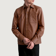 Scout Matte Brown Leather Shirt - Lateral Side Profile View Showing Sleeve Cut &amp; Athletic Taper Fit