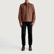 Close-Up Detail of Shirt &amp; Buttons Hardware on Scout Matte Brown Leather Shirt