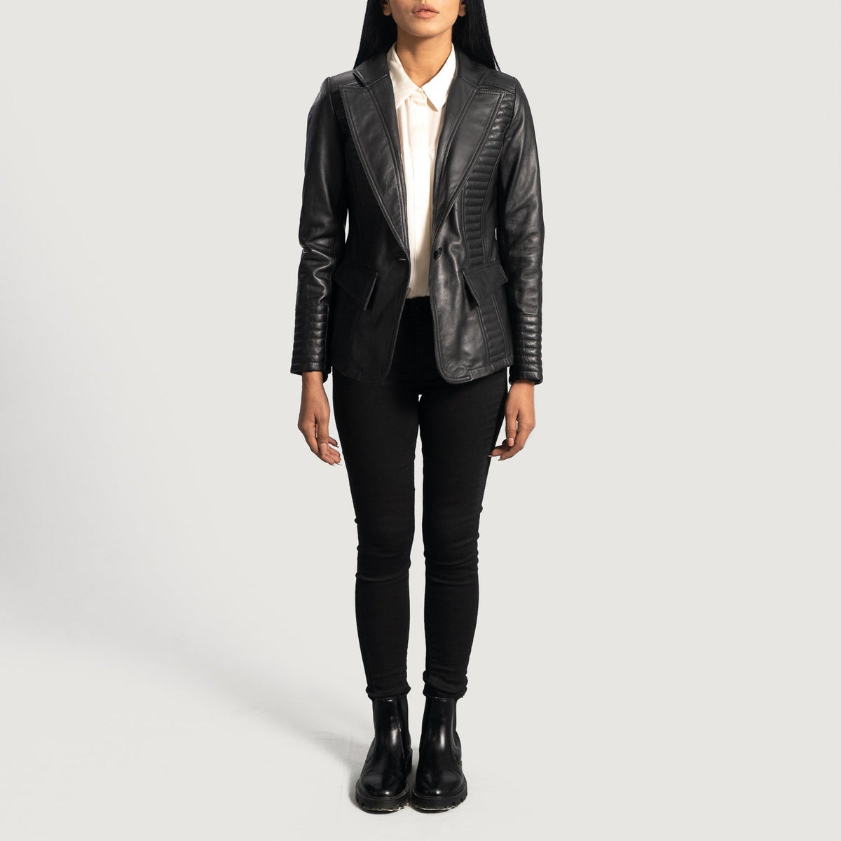 Close-Up Detail of Notch &amp; Button Hardware on Women's Selina Black Leather Blazer