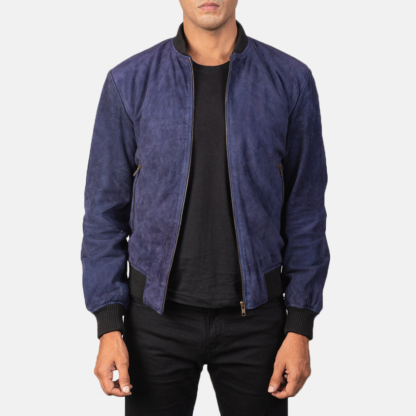 Shane Μπλε Suede Δερμάτινο Μπουφάν Bomber Ανδρικό