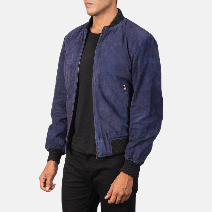 Shane Μπλε Suede Δερμάτινο Μπουφάν Bomber Ανδρικό