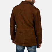 Close-Up Detail of High neck &amp; Zipper with Button Flap Hardware on Men's Sheriff Brown Suede Jacket