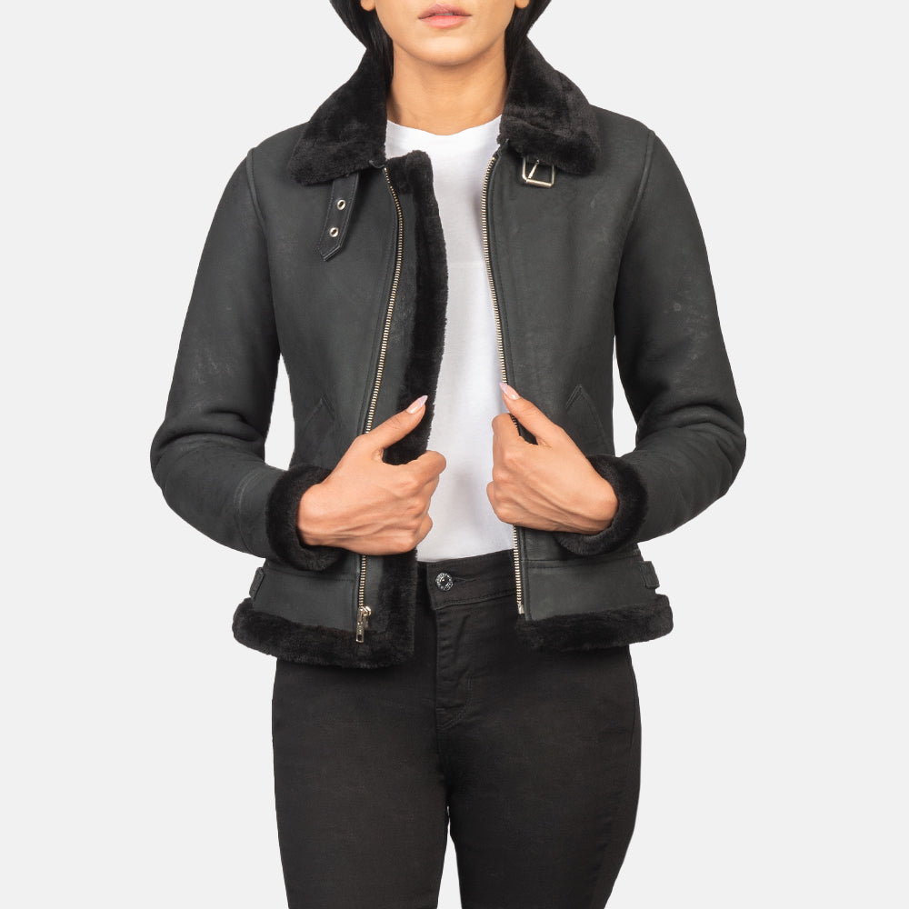 
Sherilyn B-3 Distressed Black Leather Bomber Jacket in Distressed Black Sheepskin Snuffed - Μπροστινή όψη & εφαρμοστή σιλουέτα | Αγορά online