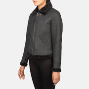 
Distressed Black Sheepskin Snuffed Bomber Jacket - Πίσω όψη με εφαρμογή στους ώμους & καθαρό στρίφωμα