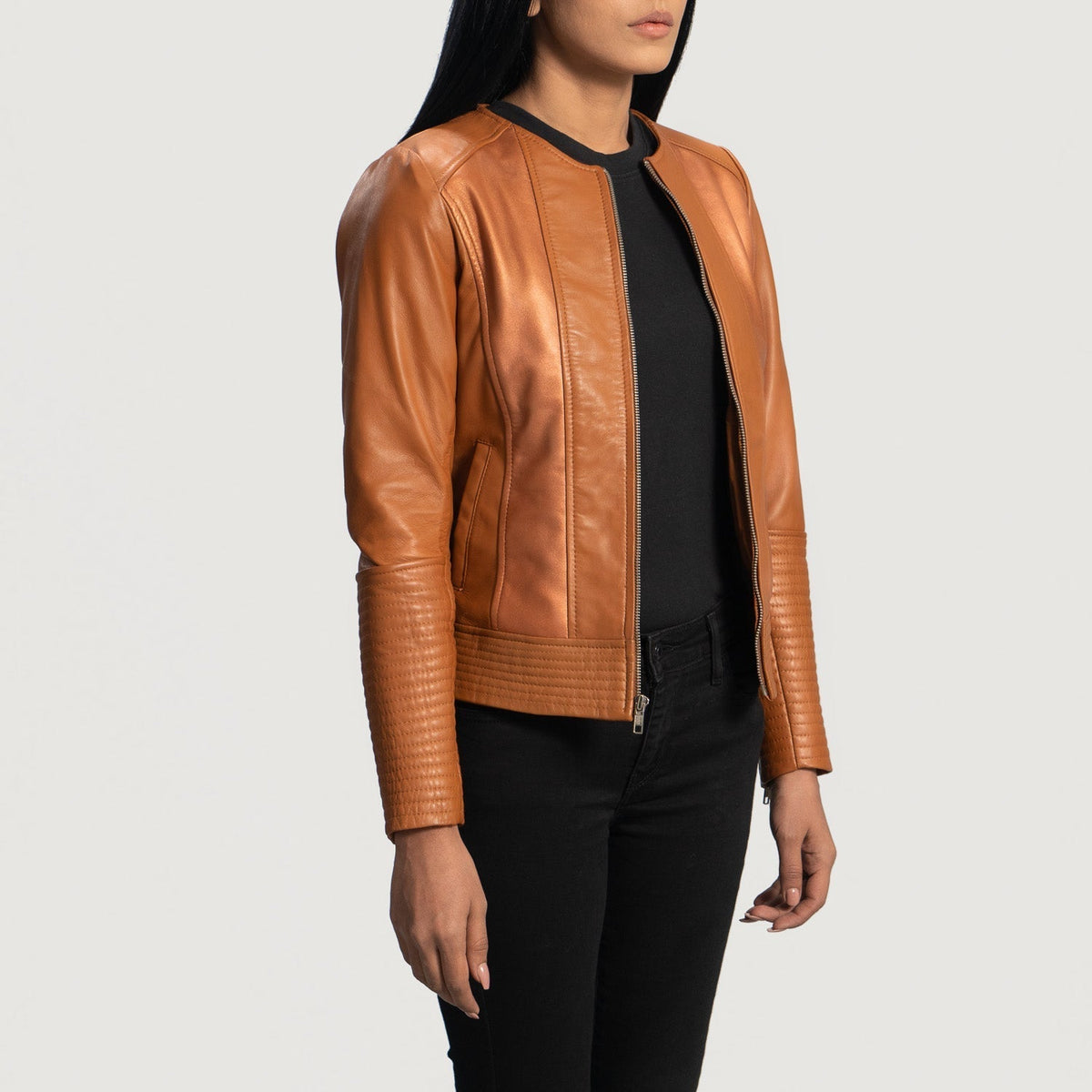 
Tan Brown Sheepskin Leather Biker Jacket - Πίσω όψη με εφαρμογή στους ώμους & καθαρό στρίφωμα