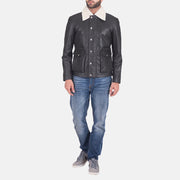 
Κοντινό πλάνο λεπτομέρειας of Shirt style Faux Shearling Collar & Zipper + Button Flap Hardware on Snow Cole Μαύρο Δερμάτινο Μπουφάν Ανδρικό