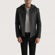 Men's Spratt Black Hooded Leather Jacket in Black Goatskin Leather - Front Profile View &amp; Tailored Silhouette | Buy Online