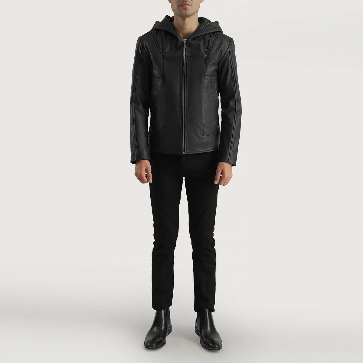 Close-Up Detail of Hooded &amp; Zipper Hardware on Men's Spratt Black Hooded Leather Jacket