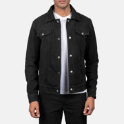 Men's Stallon Black Suede Jacket in Black Goatskin Suede - Front Profile View &amp; Tailored Silhouette | Buy Online