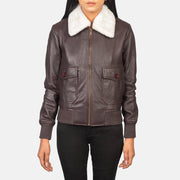 Close-Up Detail of Shirt with Removable Collar &amp; Zipper Hardware on Women's Stella G-1 Maroon Leather Bomber Jacket