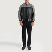 Terrance Black &amp; Red Leather Varsity Jacket - Lateral Side Profile View Showing Sleeve Cut &amp; Athletic Taper Fit