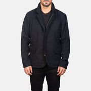 Close-Up Detail of Nehru &amp; Zipper with Dual Puller Hardware on Men's Thomas Black Wool Jacket