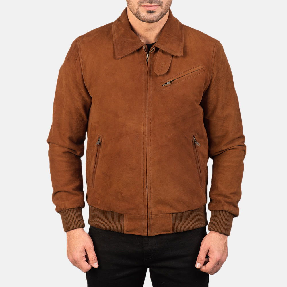 Close-Up Detail of Shirt &amp; Zipper Hardware on Men's Tomchi Tan Suede Leather Jacket