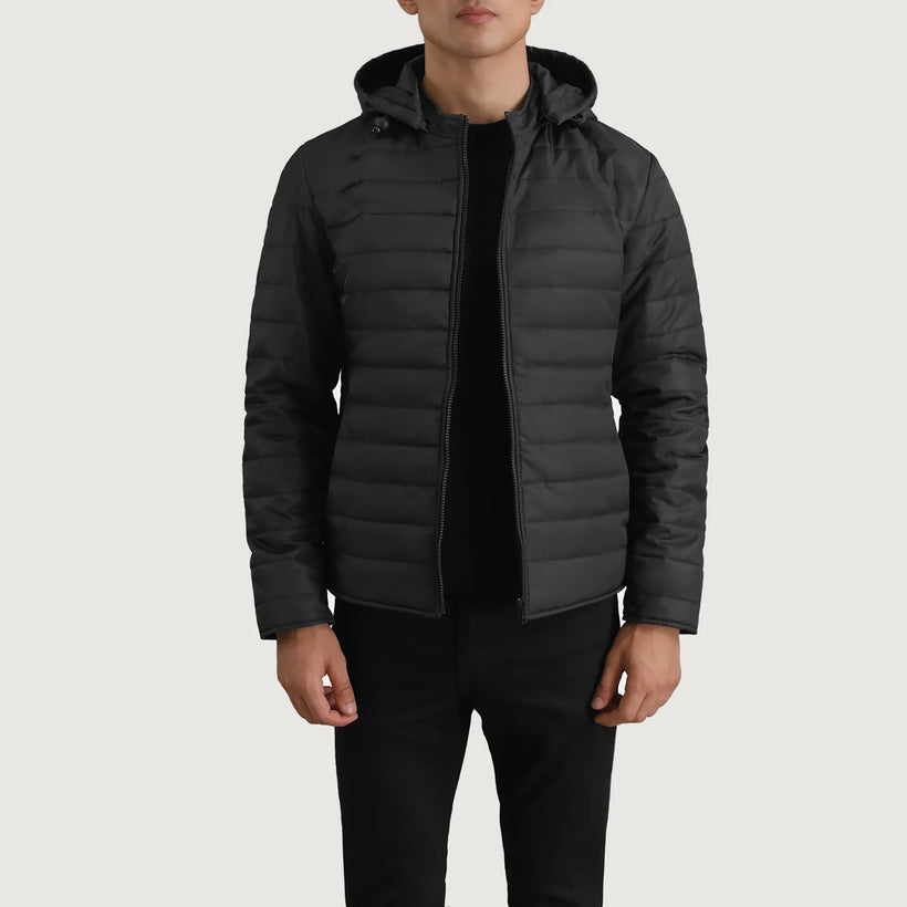 Tyler Μαύρο Hooded Puffer Δερμάτινο Μπουφάν Ανδρικό