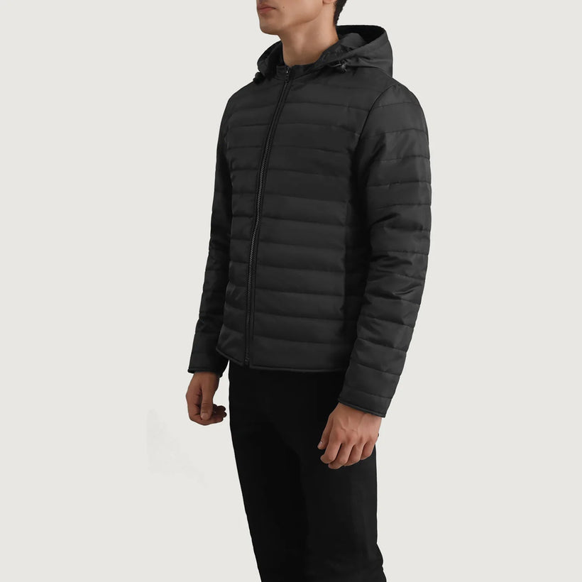 Tyler Μαύρο Hooded Puffer Δερμάτινο Μπουφάν Ανδρικό