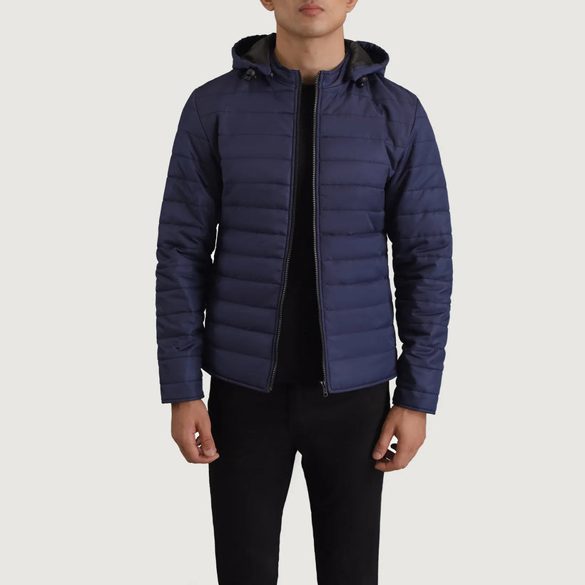 Tyler Μπλε Hooded Puffer Δερμάτινο Μπουφάν Ανδρικό