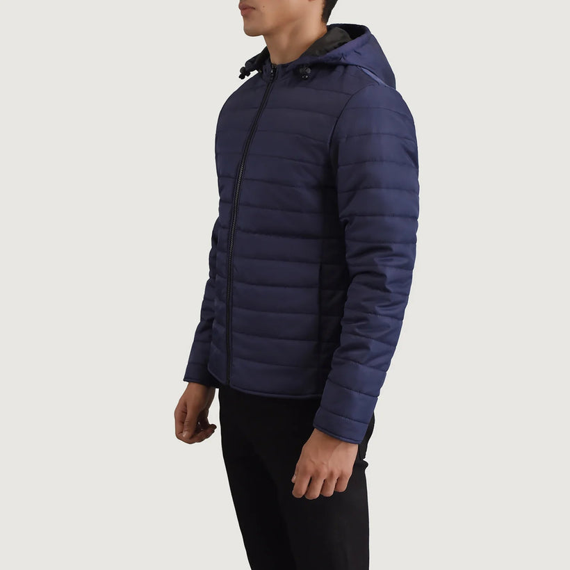 Tyler Μπλε Hooded Puffer Δερμάτινο Μπουφάν Ανδρικό