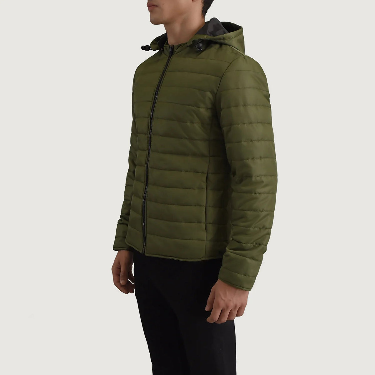 
Green Full-Grain Leather Hooded Jacket - Πίσω όψη με εφαρμογή στους ώμους & καθαρό στρίφωμα