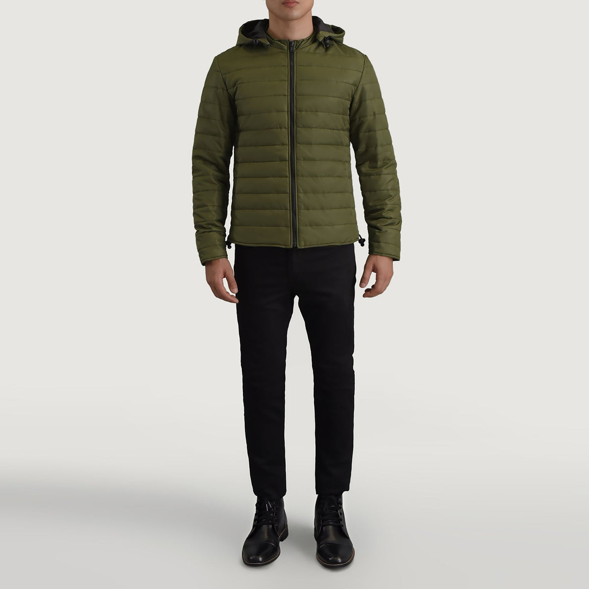 
Tyler Χακί Hooded Puffer Δερμάτινο Μπουφάν Ανδρικό - Πλαϊνή όψη που αναδεικνύει το κόψιμο των μανικιών