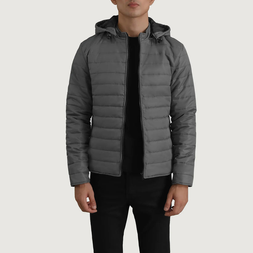 Tyler Grey Hooded Puffer Δερμάτινο Μπουφάν Ανδρικό