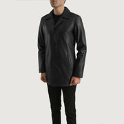 Close-Up Detail of Notch &amp; Button Hardware on Men's Urban Slate Black Leather Coat
