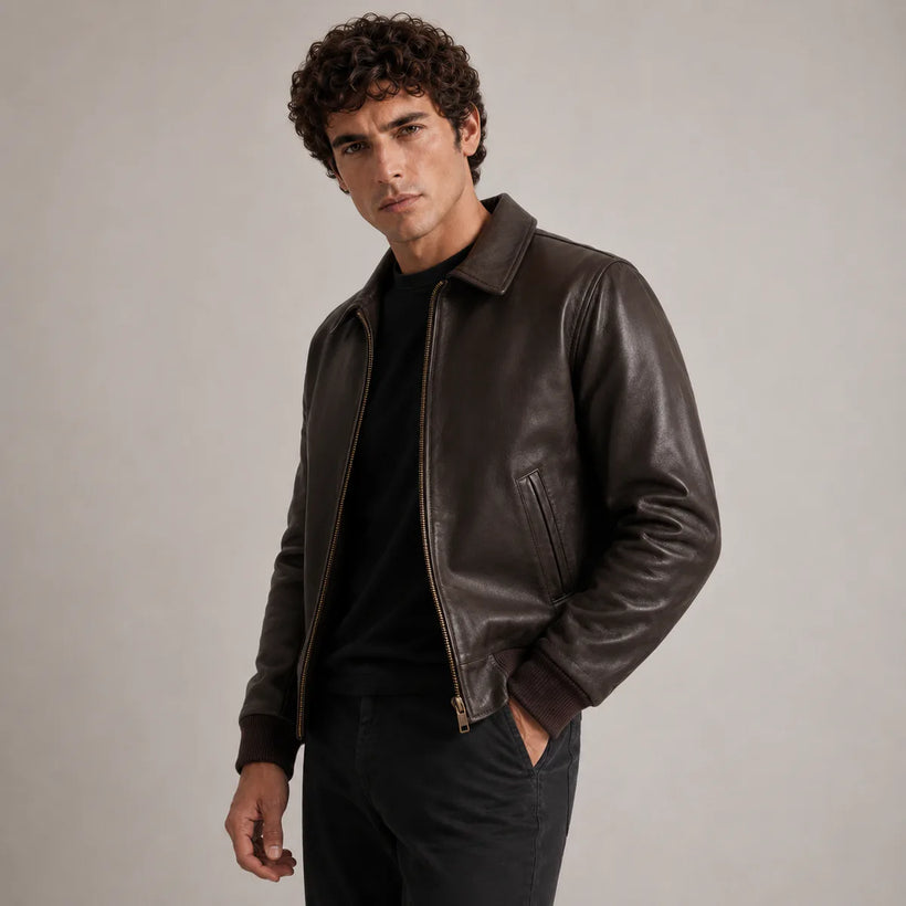 Dark Καφέ Sheepskin Δερμάτινο Μπουφάν Bomber Ανδρικό