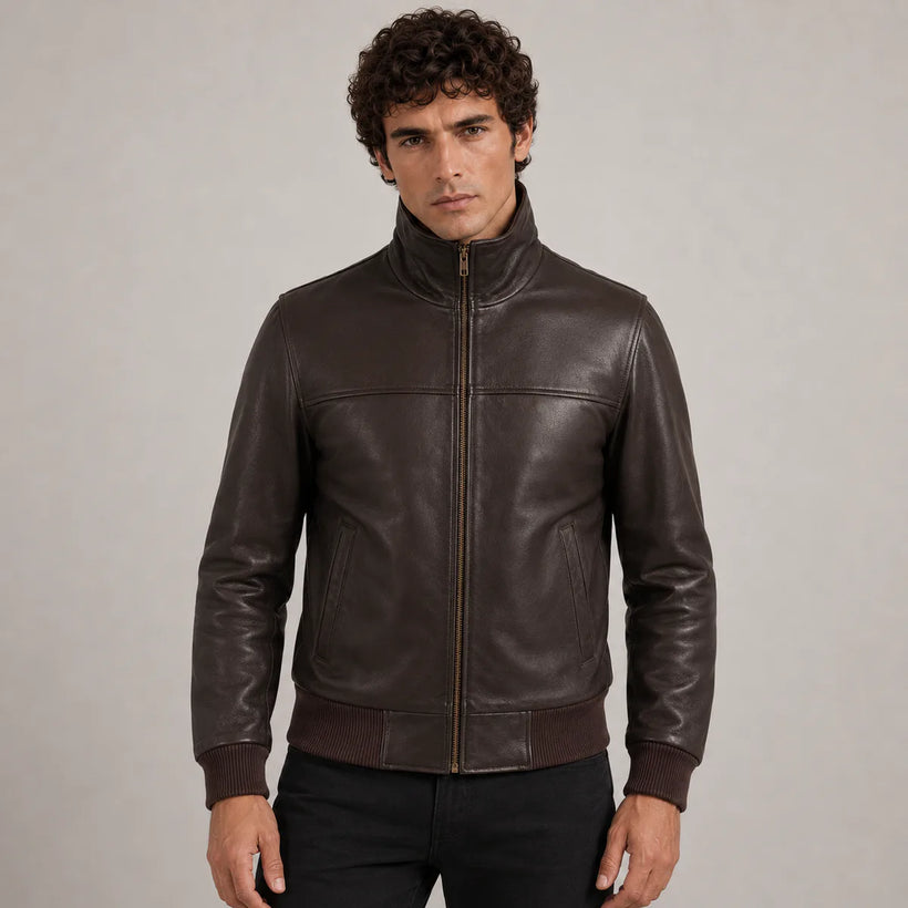 Dark Καφέ Sheepskin Δερμάτινο Μπουφάν Bomber Ανδρικό