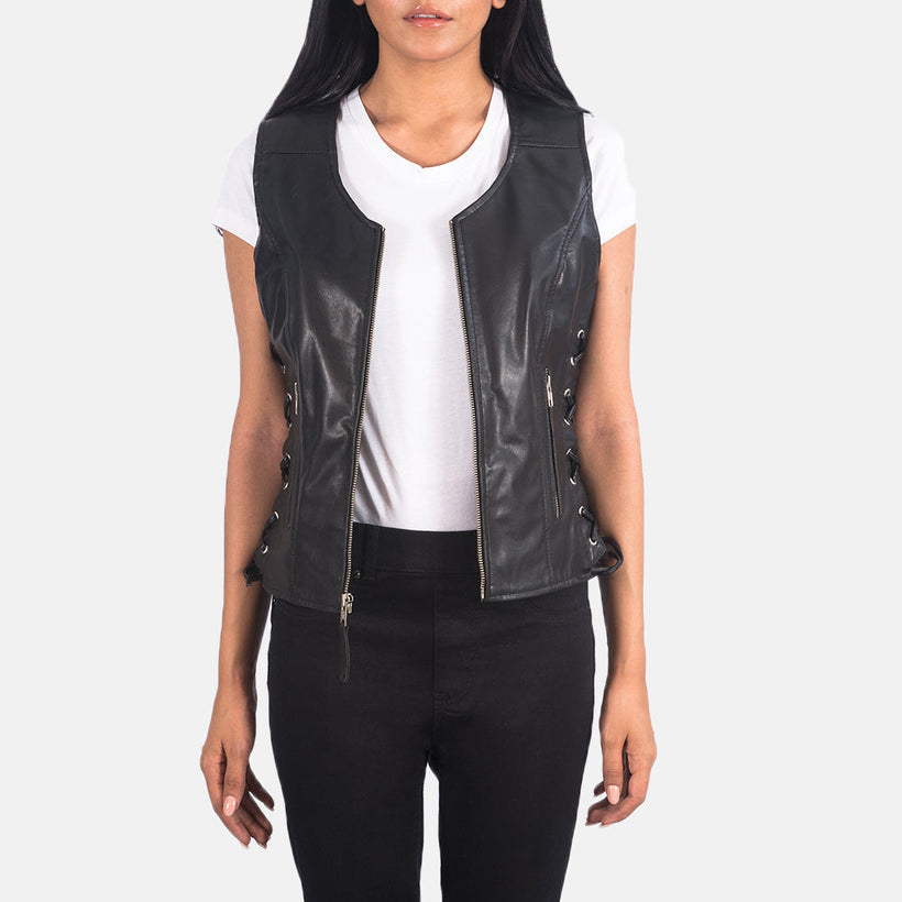 Vanda Μαύρο Leather Biker Vest Γυναικείο