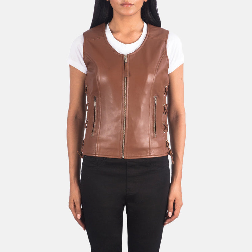 Vanda Καφέ Leather Biker Vest Γυναικείο