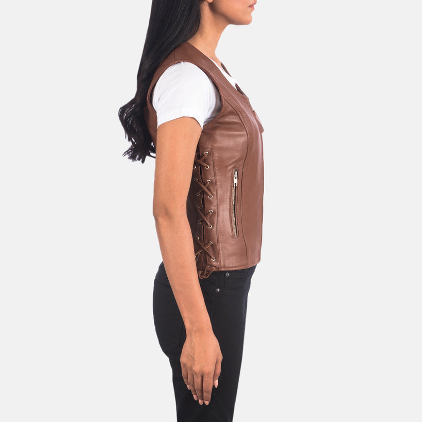 Vanda Καφέ Leather Biker Vest Γυναικείο