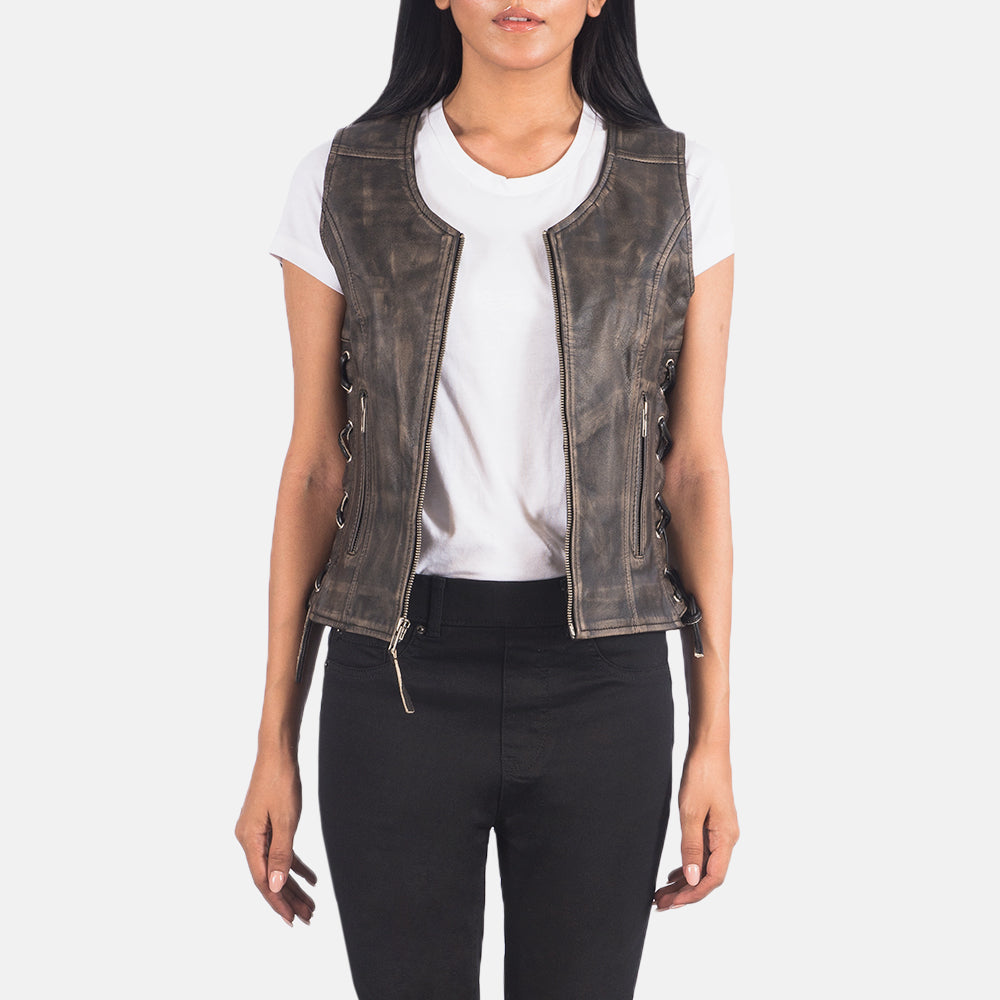 
Vanda Distressed Καφέ Leather Biker Vest Γυναικείο in Distressed Brown Goatskin Leather - Μπροστινή όψη & εφαρμοστή σιλουέτα | Αγορά online