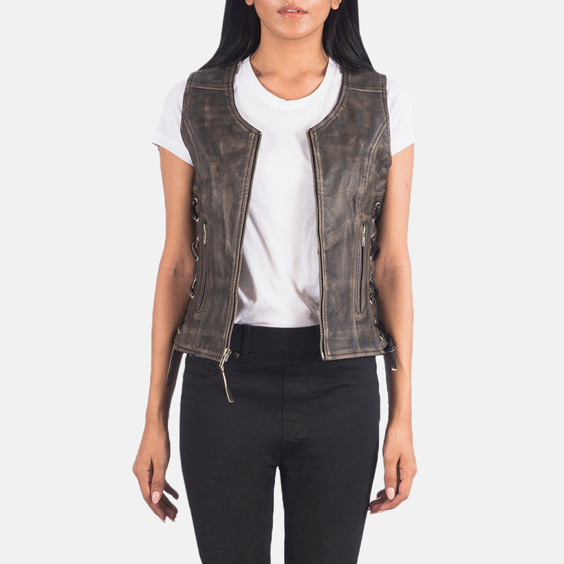 Vanda Distressed Καφέ Leather Biker Vest Γυναικείο
