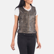 
Distressed Brown Goatskin Leather Biker Jacket - Πίσω όψη με εφαρμογή στους ώμους & καθαρό στρίφωμα