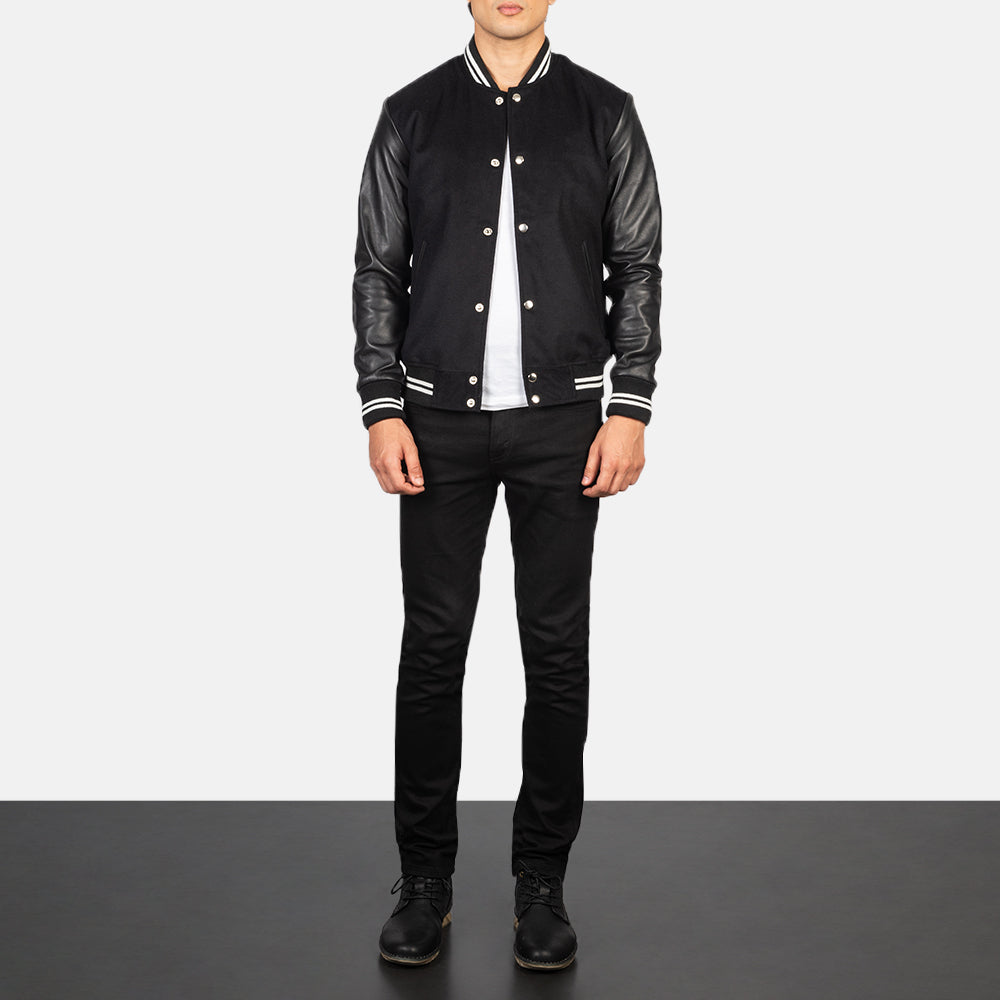 Men's Vaxton Black Striped Hybrid Varsity Jacket - Lateral Side Profile View Showing Sleeve Cut &amp; Athletic Taper Fit