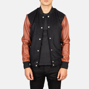 
Vaxton Brown Hybrid Varsity Jacket in Black & Brown Sheepskin Leather - Μπροστινή όψη & εφαρμοστή σιλουέτα | Αγορά online