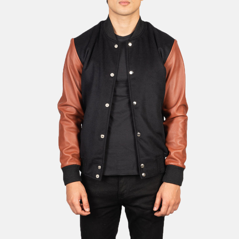 Vaxton Καφέ & Μαύρο Hybrid Varsity Δερμάτινο Μπουφάν Ανδρικό