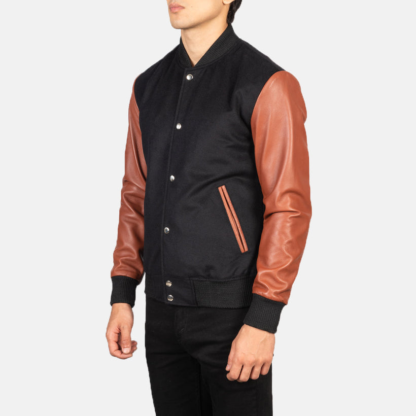 Vaxton Καφέ & Μαύρο Hybrid Varsity Δερμάτινο Μπουφάν Ανδρικό