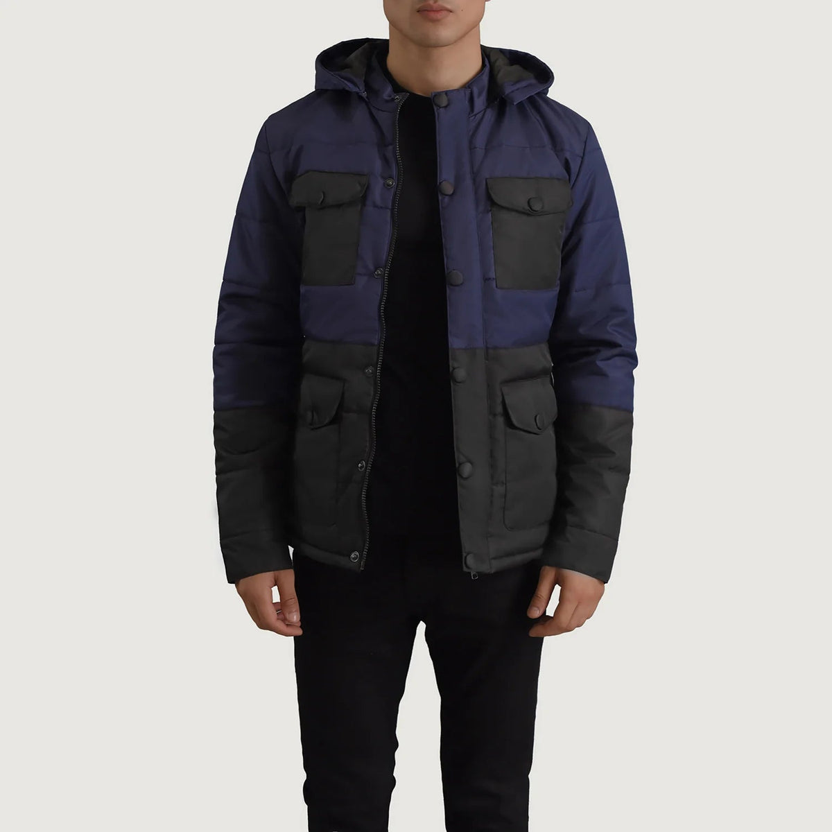 
Wayne Μαύρο & Μπλε Hooded Puffer Δερμάτινο Μπουφάν Ανδρικό in Black + Blue Full-Grain Leather - Μπροστινή όψη & εφαρμοστή σιλουέτα | Αγορά online