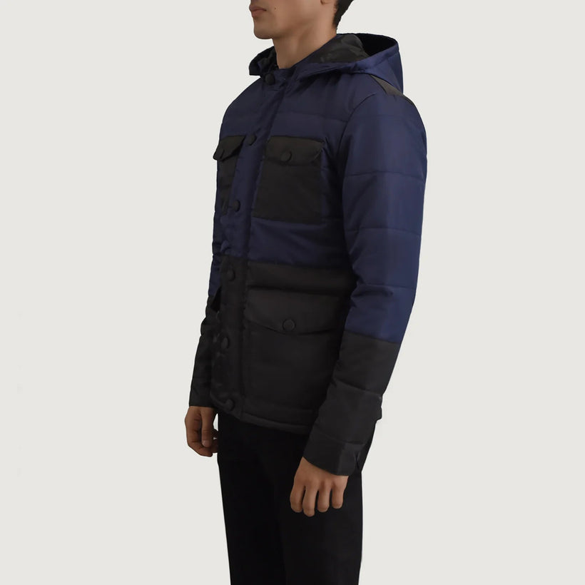 Wayne Μαύρο & Μπλε Hooded Puffer Δερμάτινο Μπουφάν Ανδρικό