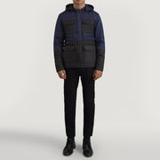 
Wayne Μαύρο & Μπλε Hooded Puffer Δερμάτινο Μπουφάν Ανδρικό - Πλαϊνή όψη που αναδεικνύει το κόψιμο των μανικιών