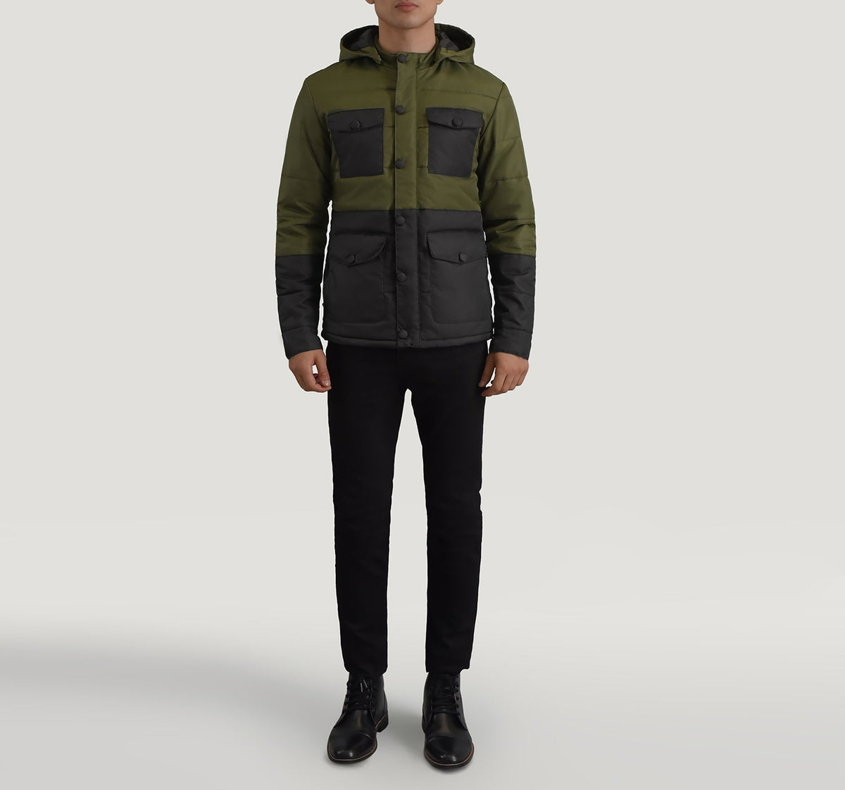 
Wayne Μαύρο & Χακί Hooded Puffer Δερμάτινο Μπουφάν Ανδρικό - Πλαϊνή όψη που αναδεικνύει το κόψιμο των μανικιών
