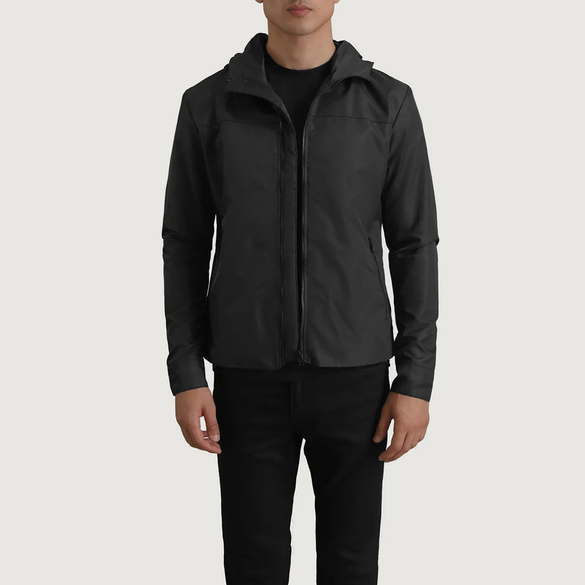 Wesley Μαύρο Hooded Windbreaker Δερμάτινο Μπουφάν Ανδρικό