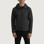 
Κοντινό πλάνο λεπτομέρειας of Classic Collar & Zipper With Inside Wind Flap. Hardware on Wesley Μαύρο Hooded Windbreaker Δερμάτινο Μπουφάν Ανδρικό