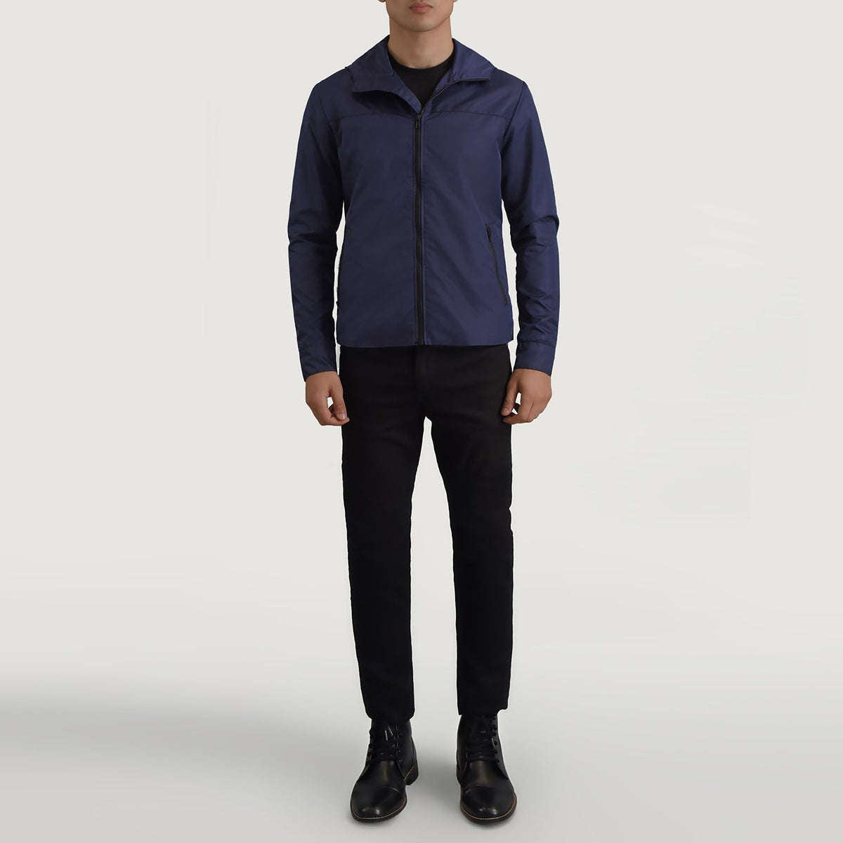 
Wesley Μπλε Hooded Windbreaker Δερμάτινο Μπουφάν Ανδρικό - Πλαϊνή όψη που αναδεικνύει το κόψιμο των μανικιών