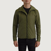 
Κοντινό πλάνο λεπτομέρειας of Classic Collar & Zipper With Inside Wind Flap. Hardware on Wesley Χακί Hooded Windbreaker Δερμάτινο Μπουφάν Ανδρικό