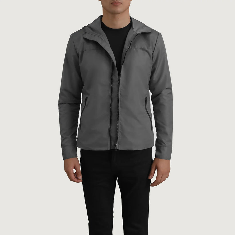 Wesley Grey Hooded Windbreaker Δερμάτινο Μπουφάν Ανδρικό