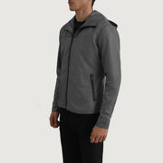 
Grey Full-Grain Leather Hooded Jacket - Πίσω όψη με εφαρμογή στους ώμους & καθαρό στρίφωμα